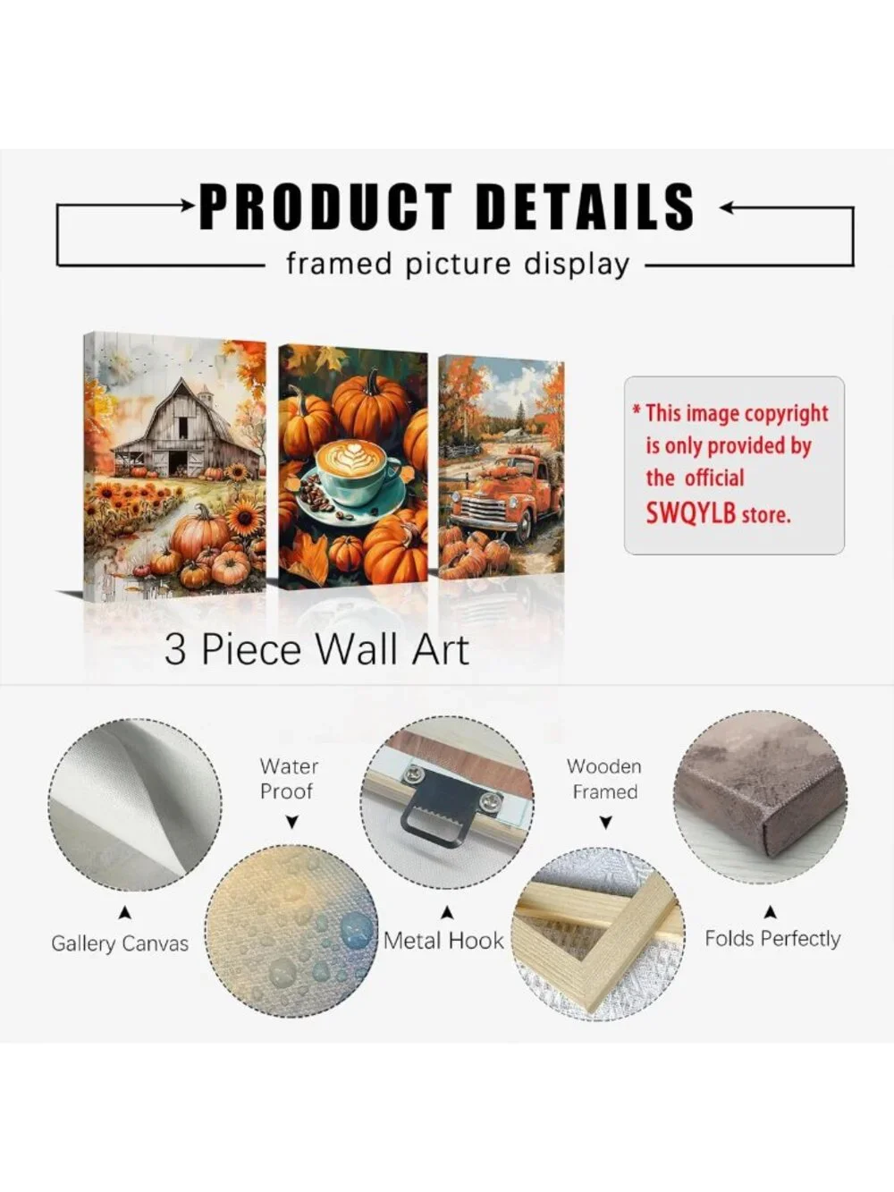 Autumn Pumpkin Wall Art Set - 3 Piece Fall Decor Canvas Prints for Thanksgiving
